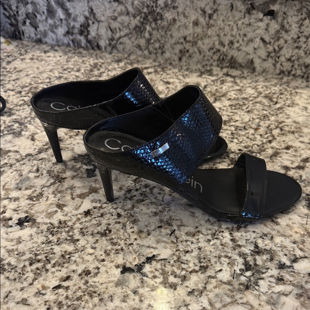 Calvin Klein Black Patent & Snake-Texture Heel Sandals - Picture 3 of 9